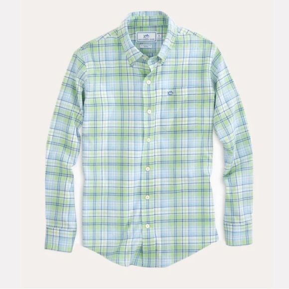 SOUTHERN TIDE Boy’s Surfscoter Blue and Green Plaid Sport Button Down Sz L - Picture 1 of 10
